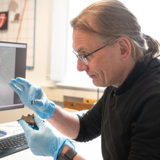 Dr. Jan F. Kegler am Kiefer arbeitend (Foto: Sebastian Schatz, Ostfriesische Landschaft).